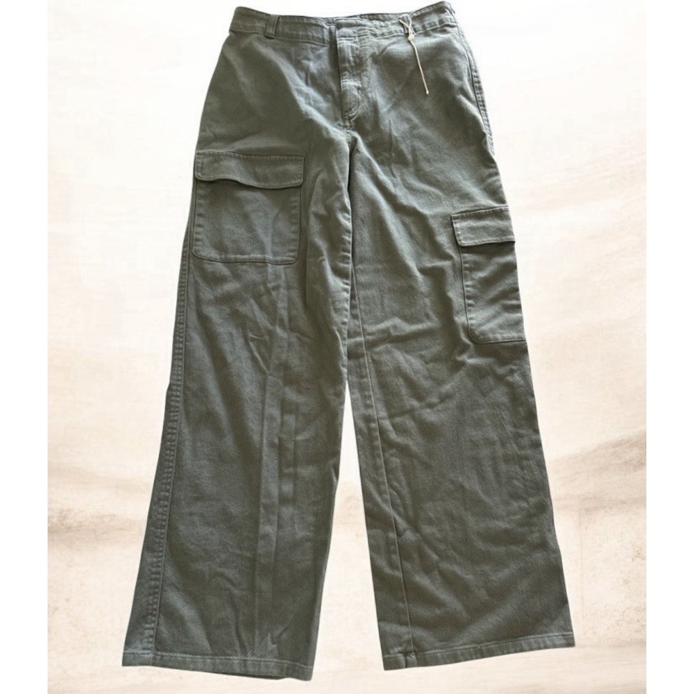 Quince Organic Stretch Cotton Twill Cargo Pants Womens 10 Green Loden Wide Leg - Picture 3 of 12